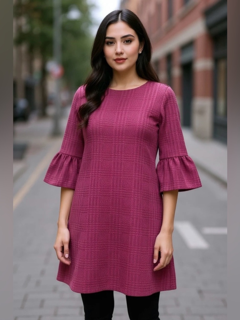 Banana Republic Burgundy Plaid Textured Bell-Sleeve Shift Dress